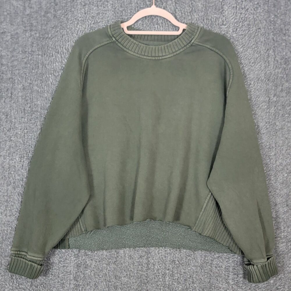 Aerie Sweatshirt Womens Small Olive Green Oversized Slouchy Cropped Raw Hem